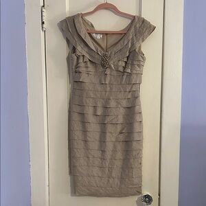 London Times Shimmery Gold Layered Cocktail Dress